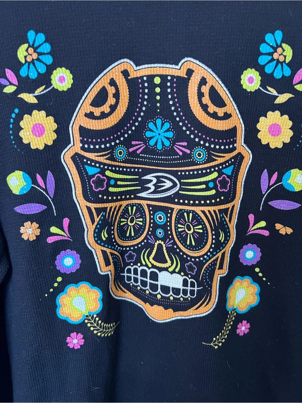 Bella Canvas Black Tee with Colorful Sugar Skull glitter Accent - Small - Picture 3 of 7